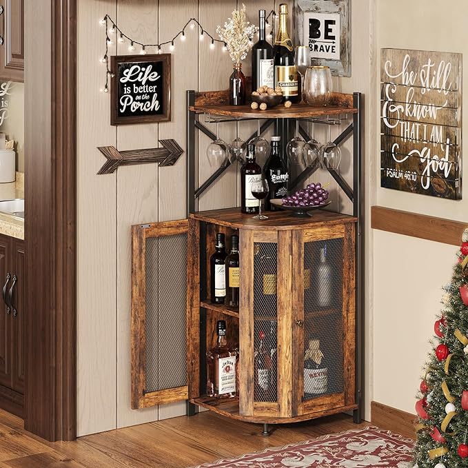 Home Bar Shelves - Corner Bar Cabinet with Glass Holder,